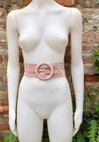 Light pink suede waist belt with large round buckle. Boho soft suede belt in a soft pink shade. Genuine natural pink suede leather