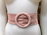 Light pink suede waist belt with large round buckle. Boho soft suede belt in a soft pink shade. Genuine natural pink suede leather