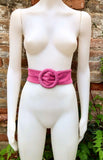 Hot pink suede waist belt with large round buckle. Boho soft suede belt in fuchsia. Genuine natural hot pink suede leather