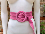 Hot pink suede waist belt with large round buckle. Boho soft suede belt in fuchsia. Genuine natural hot pink suede leather