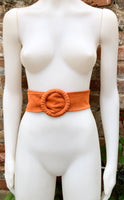 Orange suede waist belt with large round buckle. Boho soft suede belt in a bright orange shade. Genuine natural orange suede leather