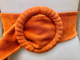 Orange suede waist belt with large round buckle. Boho soft suede belt in a bright orange shade. Genuine natural orange suede leather