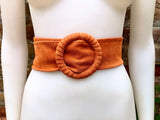 Orange suede waist belt with large round buckle. Boho soft suede belt in a bright orange shade. Genuine natural orange suede leather