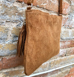 CAMEL BROWN suede leather bag. GENUINE leather small crossbody / shoulder bag.Adjustable strap and zipper. Tan brown suede purse with tassel