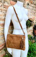 CAMEL BROWN suede leather bag. GENUINE leather small crossbody / shoulder bag.Adjustable strap and zipper. Tan brown suede purse with tassel