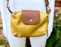 MUSTARD YELLOW + camel brown small leather bag. Genuine leather cross body / shoulder bag. Yellow bag with adjustable strap, zipper + flap