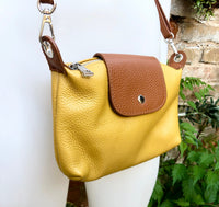 MUSTARD YELLOW + camel brown small leather bag. Genuine leather cross body / shoulder bag. Yellow bag with adjustable strap, zipper + flap