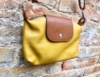 MUSTARD YELLOW + camel brown small leather bag. Genuine leather cross body / shoulder bag. Yellow bag with adjustable strap, zipper + flap