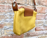 MUSTARD YELLOW + camel brown small leather bag. Genuine leather cross body / shoulder bag. Yellow bag with adjustable strap, zipper + flap