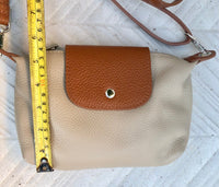 DARK BEIGE + camel brown small leather bag. Genuine leather cross body / shoulder bag. Taupe purse with adjustable strap, zipper + flap