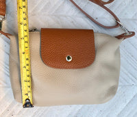 MUSTARD YELLOW + camel brown small leather bag. Genuine leather cross body / shoulder bag. Yellow bag with adjustable strap, zipper + flap