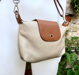 DARK BEIGE + camel brown small leather bag. Genuine leather cross body / shoulder bag. Taupe purse with adjustable strap, zipper + flap