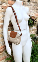 DARK BEIGE + camel brown small leather bag. Genuine leather cross body / shoulder bag. Taupe purse with adjustable strap, zipper + flap