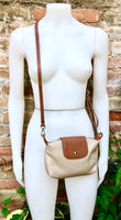 DARK BEIGE + camel brown small leather bag. Genuine leather cross body / shoulder bag. Taupe purse with adjustable strap, zipper + flap