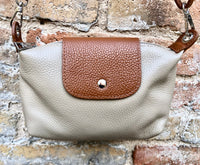 DARK BEIGE + camel brown small leather bag. Genuine leather cross body / shoulder bag. Taupe purse with adjustable strap, zipper + flap