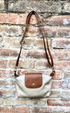 DARK BEIGE + camel brown small leather bag. Genuine leather cross body / shoulder bag. Taupe purse with adjustable strap, zipper + flap