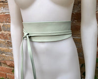 Mint green leather belt. Light green waist belt. Genuine leather wrap belt. Aqua green obi belt. Green wraparound dress belt