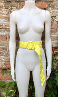 Bright yellow leather waist belt with large round buckle. Boho soft genuine leather belt in yellow. Wide waist belt. Braided leather