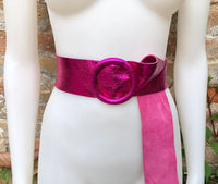 HOT PINK metallic leather waist belt with large round buckle. Fuchsia leather belt. Boho glitter genuine leather belt. PINK waist belt