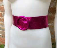 HOT PINK metallic leather waist belt with large round buckle. Fuchsia leather belt. Boho glitter genuine leather belt. PINK waist belt