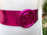 HOT PINK metallic leather waist belt with large round buckle. Fuchsia leather belt. Boho glitter genuine leather belt. PINK waist belt