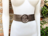 BRONZE leather waist belt with large round buckle. Soft leather belt in metallic bronze color. Genuine leather belt. Dark gold waist belt