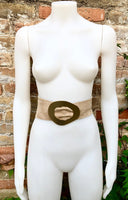 Beige suede waist belt with large metal buckle in gold. Soft suede belt in beige. Boho dress belt with golden buckle.