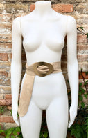 Beige suede waist belt with large metal buckle in gold. Soft suede belt in beige. Boho dress belt with golden buckle.