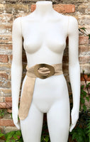 Beige suede waist belt with large metal buckle in gold. Soft suede belt in beige. Boho dress belt with golden buckle.