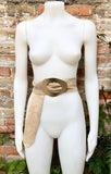 Beige suede waist belt with large metal buckle in gold. Soft suede belt in beige. Boho dress belt with golden buckle.