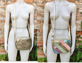 Metallic shine leather bag in GOLD, pink, green and blue. Reversible cross body / shoulder bag in GENUINE leather. Adjustable strap.