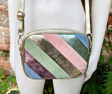 Metallic shine leather bag in GOLD, pink, green and blue. Reversible cross body / shoulder bag in GENUINE leather. Adjustable strap.