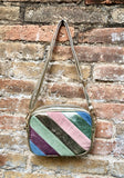 Metallic shine leather bag in GOLD, pink, green and blue. Reversible cross body / shoulder bag in GENUINE leather. Adjustable strap.