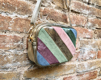 Metallic shine leather bag in GOLD, pink, green and blue. Reversible cross body / shoulder bag in GENUINE leather. Adjustable strap.