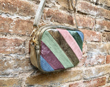 Metallic shine leather bag in GOLD, pink, green and blue. Reversible cross body / shoulder bag in GENUINE leather. Adjustable strap.