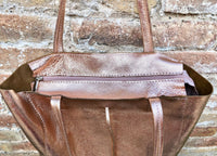 PINK GOLD tote leather bag with ZIPPER. Genuine leather shopper. Large carry all bag for your laptop / books. Metallic pink leather purse.