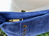 Cross body bag. Boho suede leather bag in blue with bronze color tacks. Messenger bag in genuine suede leather. BLUE suede purse.