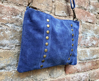 Cross body bag. Boho suede leather bag in blue with bronze color tacks. Messenger bag in genuine suede leather. BLUE suede purse.