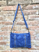 Cross body bag. Boho suede leather bag in blue with bronze color tacks. Messenger bag in genuine suede leather. BLUE suede purse.