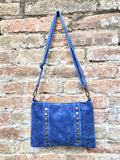 Cross body bag. Boho suede leather bag in blue with bronze color tacks. Messenger bag in genuine suede leather. BLUE suede purse.