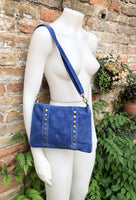 Cross body bag. Boho suede leather bag in blue with bronze color tacks. Messenger bag in genuine suede leather. BLUE suede purse.