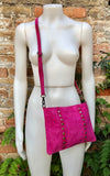 Cross body bag. Boho suede leather bag in FUCHSIA PINK with bronze tacks. Messenger bag in genuine suede leather. Hot pink crossbody bag