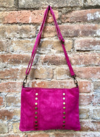 Cross body bag. Boho suede leather bag in FUCHSIA PINK with bronze tacks. Messenger bag in genuine suede leather. Hot pink crossbody bag