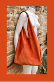 Slouch leather bag in orange suede .Genuine leather large shoulder bag. Bright orange suede origami bag. Orange suede purse