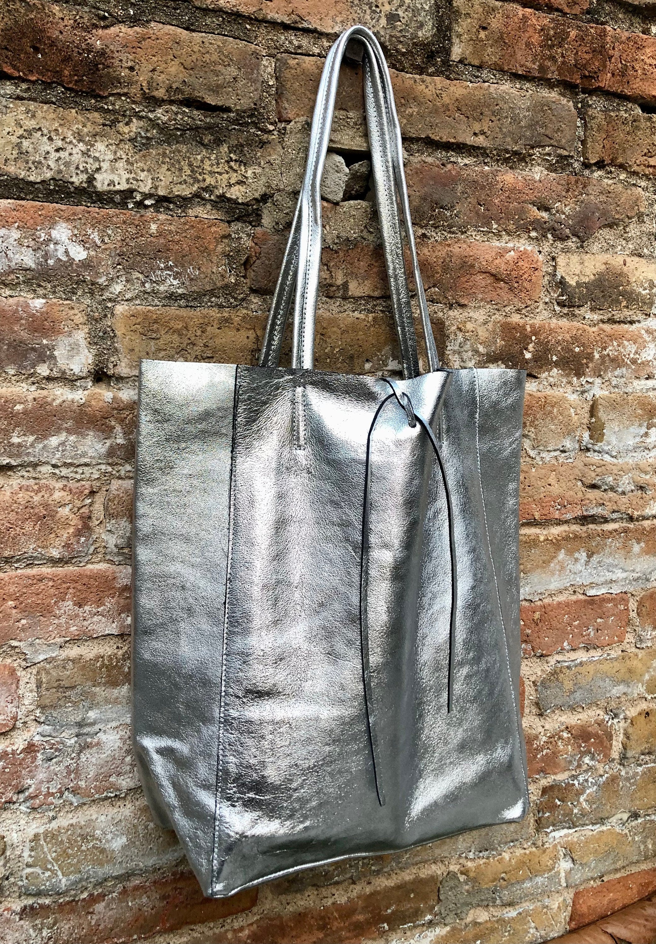 Tote leather bag in SILVER. GENUINE leather shopper. Large carry all bag for your laptop, books. Metallic leather purse.