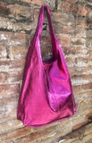 Shoulder leather bag in metallic hot pink with ZIPPER. Soft genuine leather. Fuchsia leather purse. Metallic leather shoulder lbag