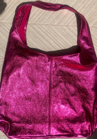 Shoulder leather bag in metallic hot pink with ZIPPER. Soft genuine leather. Fuchsia leather purse. Metallic leather shoulder lbag