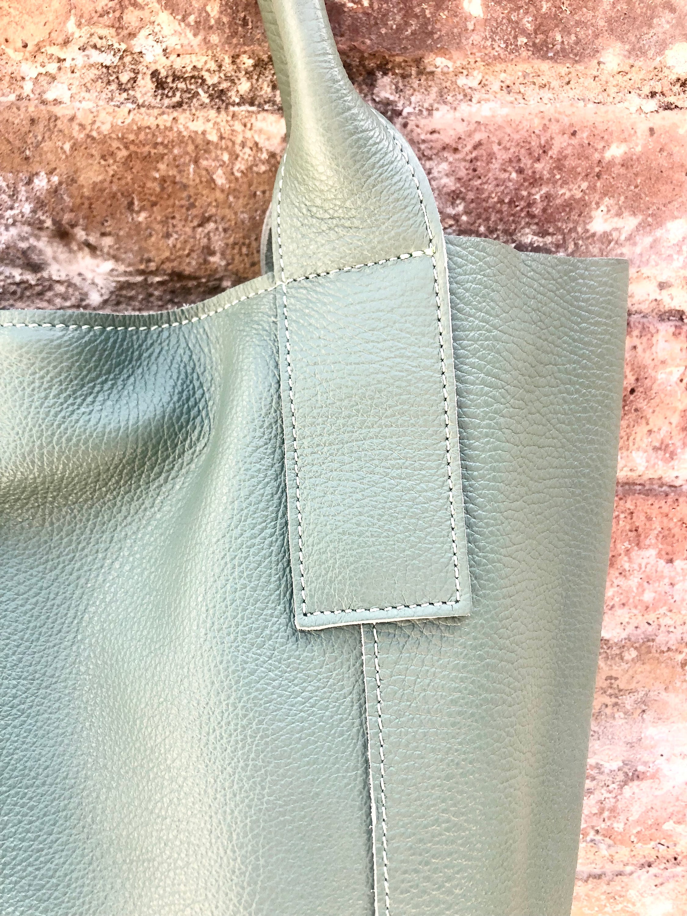 Sage GREEN tote leather bag. Genuine leather shopper. Large carry all bag for your laptop / books. Light green shoulder bag. Mint purse
