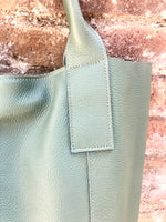 Sage GREEN tote leather bag. Genuine leather shopper. Large carry all bag for your laptop / books. Light green shoulder bag. Mint purse