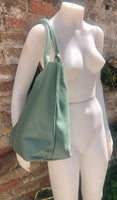 Sage GREEN tote leather bag. Genuine leather shopper. Large carry all bag for your laptop / books. Light green shoulder bag. Mint purse